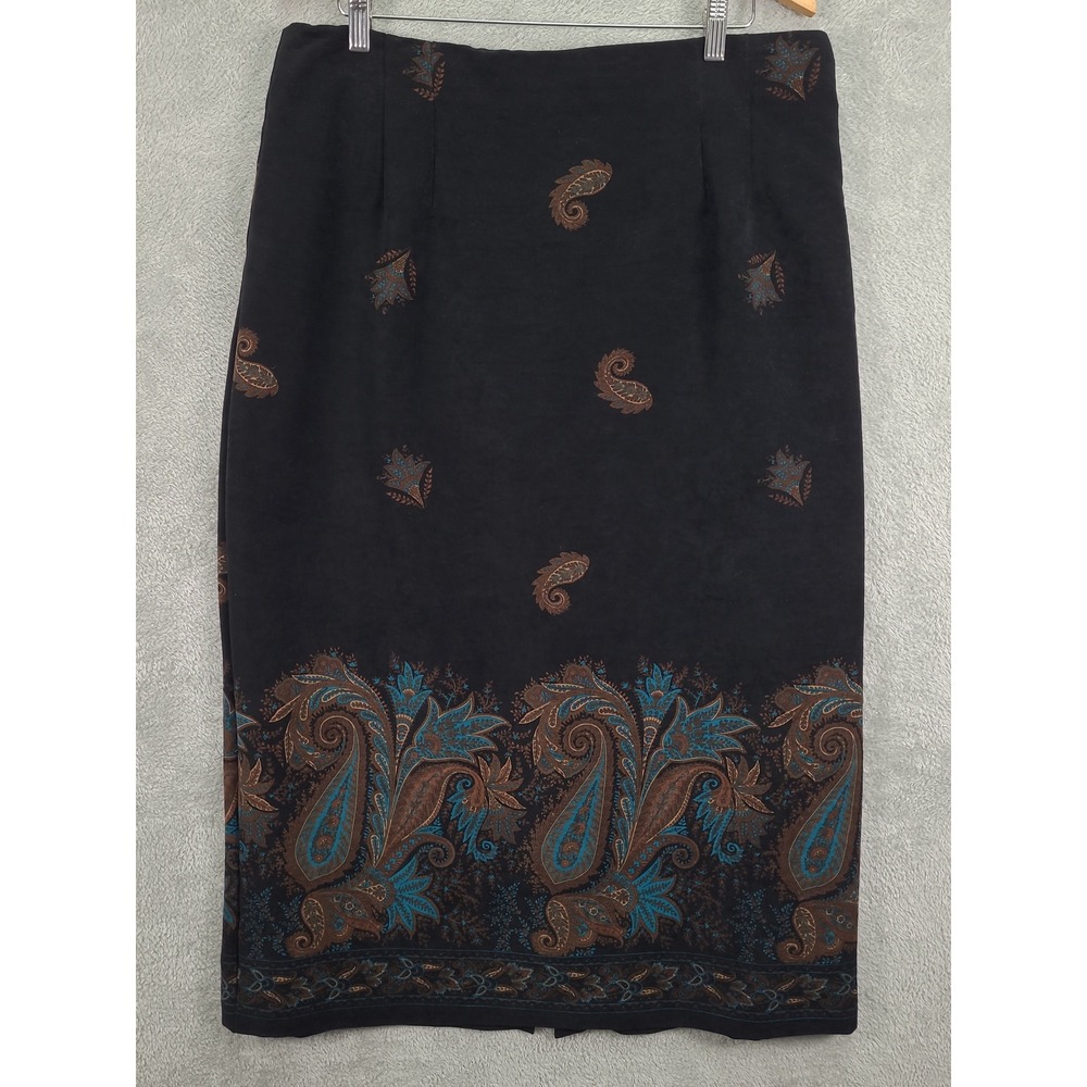 Briggs Black Paisley Print Midi Skirt‎ Women's Sz 18 Vintage Classic Velvet